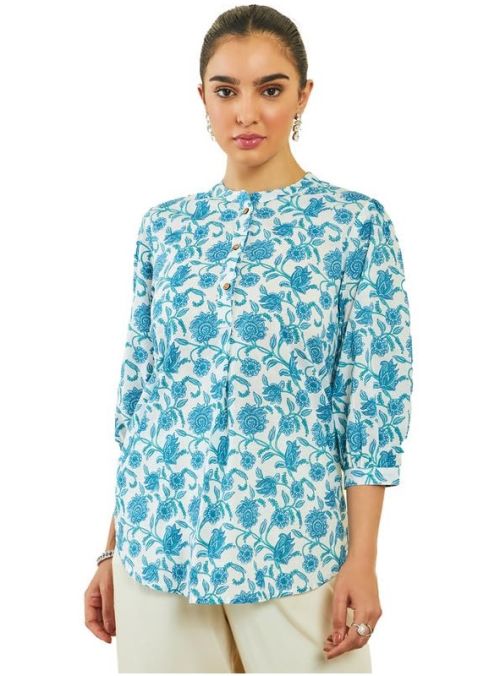 Drapshe Womens Blue Cotton Floral Print Tunic