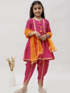 Girls Floral Printed Regular Pure Cotton Kurta with Dhoti Pants