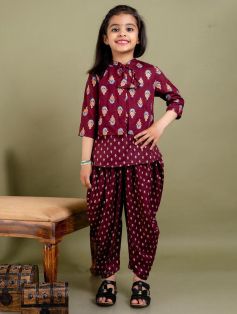 Girls Festive & Party Ethnic Jacket, Kurta and Dhoti Pant Set  (Maroon Pack of 1)