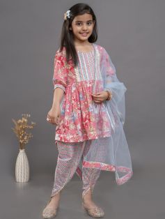 Girls Floral Printed Regular Pure Cotton Kurta with Dhoti Pants (Pack of 1)